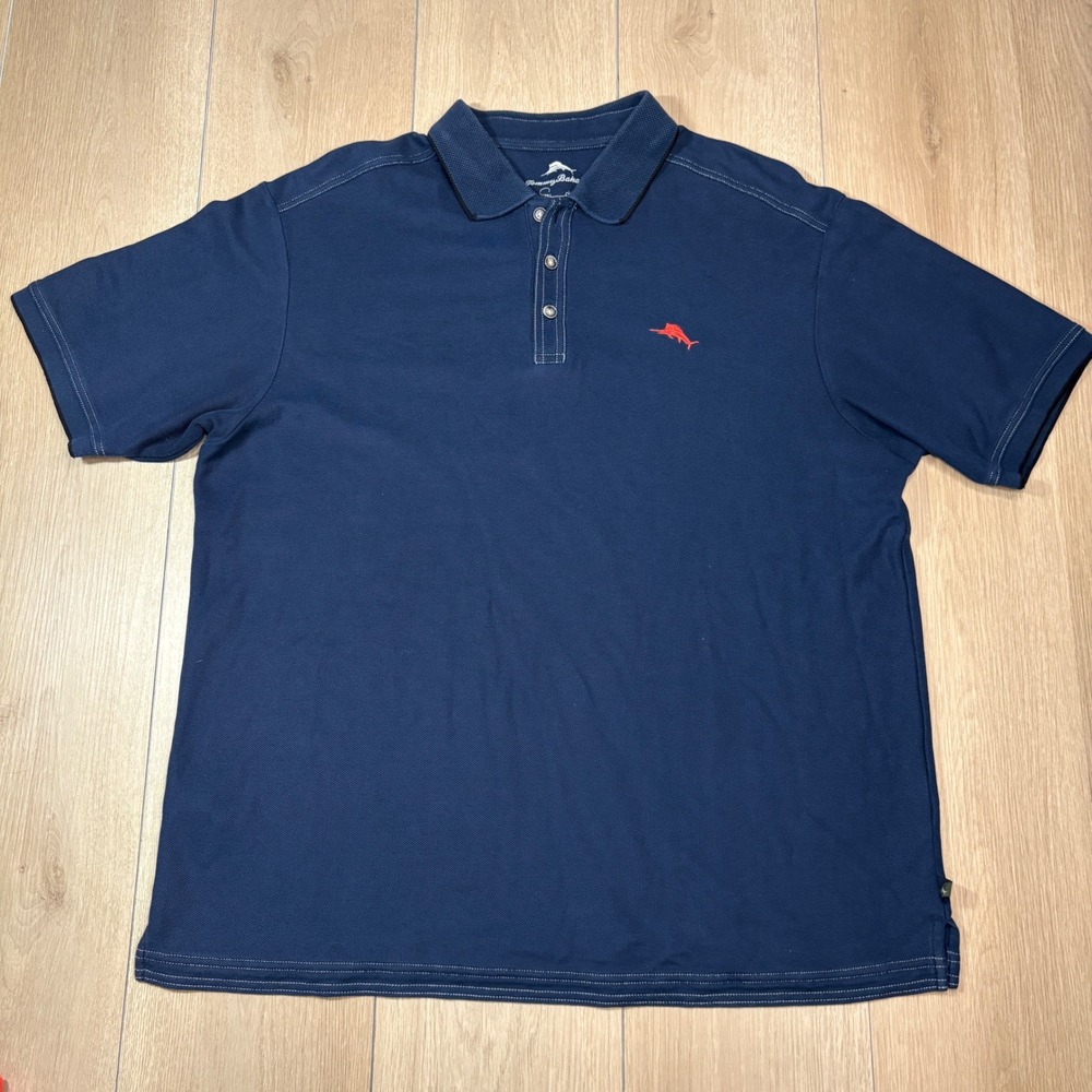 Tommy Bahama Mens XL Supima Cotton Polo Shirt Navy Blue Marlin Logo Short Sleeve